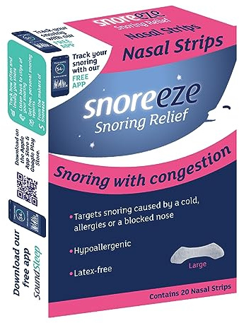 Snoreeze Anti-Snoring Nasal Strips - Snoring Aids for Men and Women to Improve Airflow - Nose Strips to Reduce Snoring with Nasal Congestion - Use with Mobile App - Large, Pack of 20