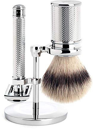 MÜHLE Traditional Rasierset - Silvertip Fibre Pinsel, Hobel mit offenem Kamm für klassische Rasierklinge, verchromter Metall-Ständer
