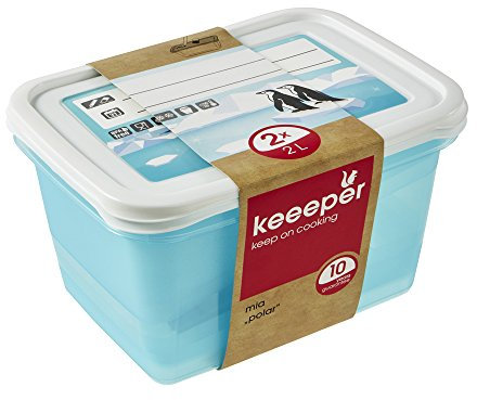 keeeper Set da 2 Contenitori per Congelare Alimenti, Coperchio Scrivibile, 2 x 2 L, 20,5 x 15,5 x 10,5 cm, Mia Polar, Blu ghiaccio Trasparente