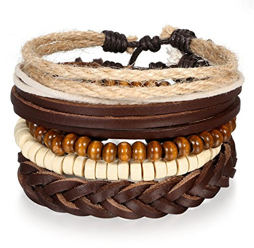 JewelryWe Schmuck Tibet WICKELARMBAND Serie Leder Armband Armreif Surferarmband für Herren Damen Unisex, Weizen geflochten Lederkette mit Holz Perlen