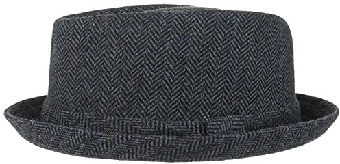 Lipodo Diamond Crown Herringbone Wollhut Damen/Herren - Pork Pie mit Wolle - Fedora mit Innenfutter - Stoffhut Sommer/Winter - Hut schwarz-blau M (56-57 cm)