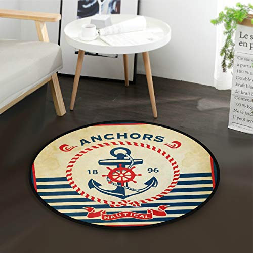 Mnsruu Anchor Teppich mit Schiffsrad, Vintage, stilvoll, nautisch, rund, für Wohnzimmer, Schlafzimmer, 92 cm Durchmesser