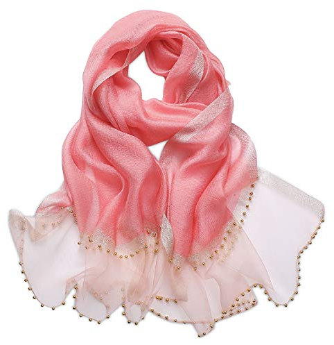 LumiSyne Frühling Seiden Chiffon Schal Damen Einfarbiger Halstücher Mode Seide Mit Tüll Perlen Dekoration Langer Seidentuch Sonnenschutz Schals Tücher Stola