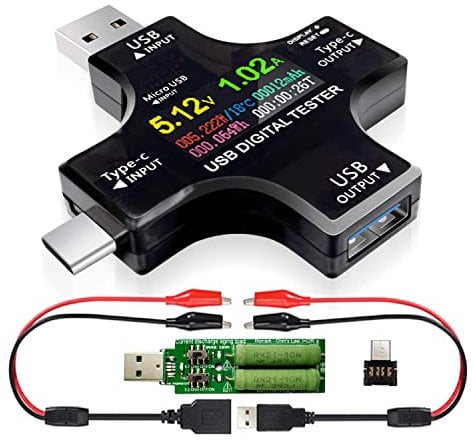 USB C Tester, 2 in 1 Typ C USB Tester Farbbildschirm IPS Digitalmultimeter,Spannung,Strom,Leistung,Widerstand,Temperatur,Kapazitätsdetektor,mit Clip-Kabel Unterstützt PD2.0/PD3.0,QC2.0/QC3.0, BC1.2