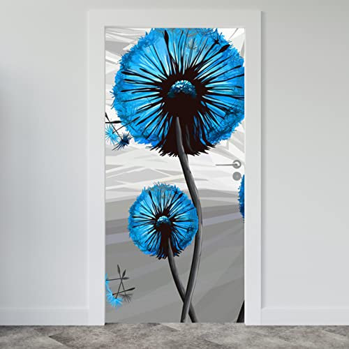 Estika Türtapete selbstklebend - Blau Pusteblume - 95x205 cm - Einem Bogen Türposter, Blumen Türaufkleber, Aufkleber PVC Folie, Klebefolie für türen, Tür tattoo, Modern decoration