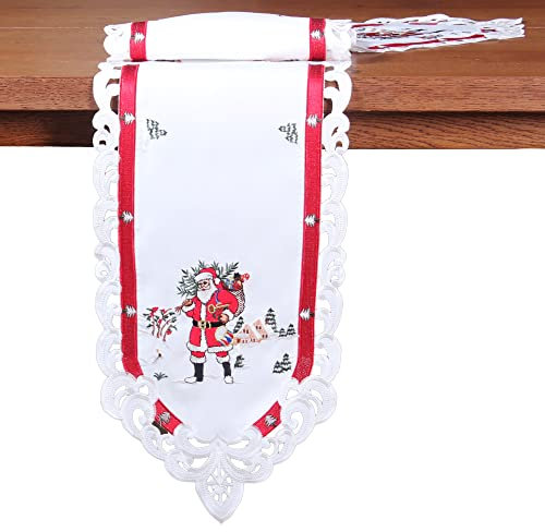 HanaQi Weihnachtsmann in Winterlandschaft Stickerei Tischband 30 x 160 cm Polyester, rot-weiß