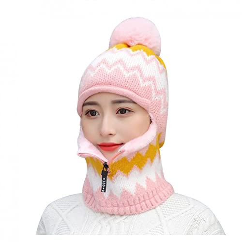 Zhiyao Beanie Strickmütze Hat Herren Damen Winter Mütze Bommelmütze Wintermütze warm gefüttert Ohrenschützer Hinzufügen Beflockung Thermal Radfahren mit Bommel-Mütze, Rosa 2, Einheitsgröße