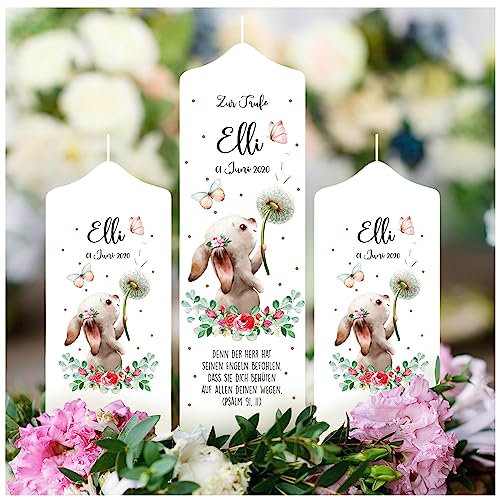 Wandtattoo Loft Taufkerze Mädchen oder Junge mit Taufspruch + 2 Patenkerzen, Motiv Hase mit Pusteblume, 25cm x 7cm, personalisierte Kerze, bedruckte Kerze zur Taufe, Stumpenkerze, Taufgeschenk