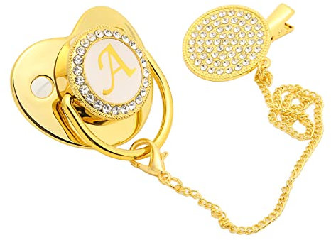 Luqeeg Baby Schnuller, Personalisierter Schnuller und Schnuller Clip Set, Goldener Baby Schnuller mit 26 Buchstaben Golden Bling Schnuller für Neugeborene Silikon-Säuglingsnippel(A)