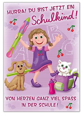 Perleberg - schöne Karte zum Schulanfang mit Mädchen Motiv - hochwertige Karten zur Einschulung - Einschulung Karten mit Umschlag - Glückwunschkarte für Jungen & Mädchen 11,6 x 16,6 cm