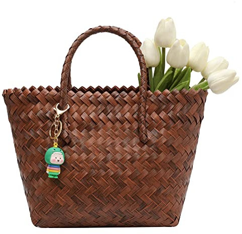 popyes Sac de Paille Femme Sac à Main en Paille de Grande Capacité Tissé en Bandes de Bambou Sac de Plage Femme Paille Vintage Sac Cabas Paille Femme Sac Panier Femme avec Pendentif