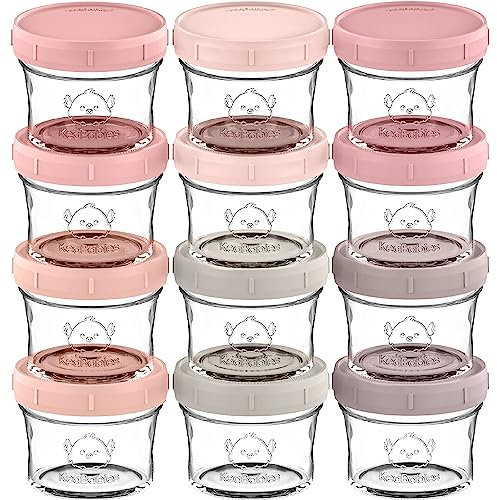 KeaBabies 12er-Pack Babynahrung Aufbewahrung Glas - Leckfest, Mikrowellengeeignet Baby Nahrungsbehälter, Kleinkind Brei Beikost Einfrieren Behälter, BLW Zubehör Baby, BPA-Frei (Roseate)