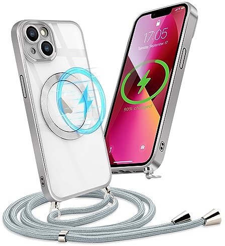 Micoden Handykette Hülle für iPhone 13 mit Band Kompatibel mit MagSafe Kabellosem Laden Kameraschutz Vollständiger Transparent Silikon Case Kordel zum Umhängen Handyhülle Schutzhülle,Silber