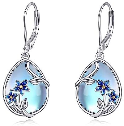 YFN Mondstein Ohrringe mit Vergissmeinnicht Sterling Silber Blume Teardrop Drop Dangle Leverback Ohrringe Geschenk für Frauen Mädchen
