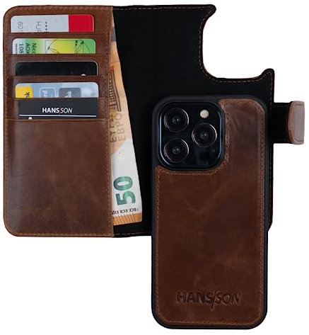 HANS/SON Echt-Leder-Handyhülle für iPhone 14 Pro – Schmale 2 in 1 Klapphülle mit Kreditkartenetui, Magsafe kompatibel, perfekte Passform, stoßfest, Standfunktion, 6,1 Zoll – Cognac