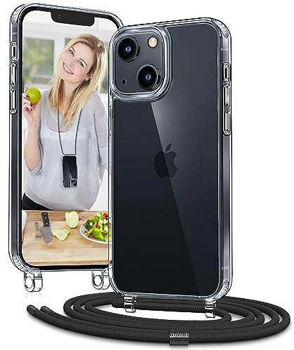 Vaykwo Handykette mit Band für Apple iPhone 13 Mini Hülle - Necklace Handyhülle - Transparente Case zum Umhängen mit Kameraschutz und Bildschirmschutz - Schwarz