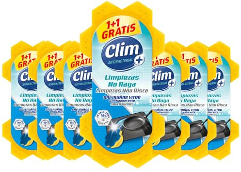 Clim Antibacterial 16 Estropajos Salvauñas Especial Vitrocerámicas y Superficies Delicdas | Limpia Sin Rayar | Fibra Azul y Esponja Amarilla.