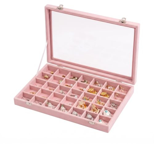 Frebeauty Organiseur à bijoux 35 compartiments avec couvercle transparent | Organisateur de boucles d'oreilles, couvercle transparent, tiroir avec fermoir, pour pendentifs, bracelets et colliers