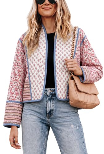 Omoone Womens Reversible Floral Quilted Jacket Crop Open Front Puffer Coat