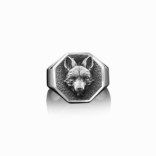 Sterling Silber Wild Fox Signet Herrenring, Handgemachter Achteckiger Fuchsring, Polierter Fuchsring, 925 Silber Hochzeitsgeschenk Für Männer, Ring Für Männer