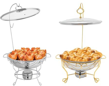biniliubi Professionnel Chafing Dish Acier Inoxydable Chauffe-Plats Ronds Restauration Buffets Couverts Professionnels récipients INOX Buffet Chauffant (Or)