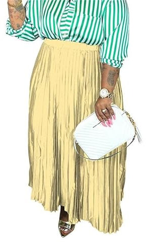 MANYMANY Schimmernde Metallic-Plissee-Langröcke für Damen, hohe Taille, Party-Metallic-glänzender Akkordeon-Splitrock