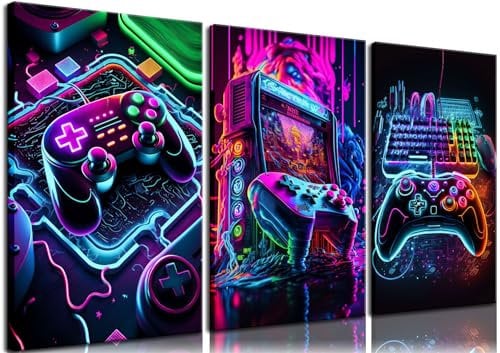 BGFCE 3pcs Neon Gaming Wall Art Posters - Gamer Accessories Theme Canvas Print Game Console Painting Picture for Children Youth Game Boys Bedroom Teen Wall Decor Framed 16x24x3