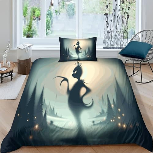 SAYOBO Der Grinch Bettwäschegarnitur Bettbezug Set 3D Gedruckter Dunkel Für Kinder Mädchen Jungen Und Kissenbezüge Bettwäsche Weich Microfaser Reissverschluss 2 Teilig Single(135x200cm)