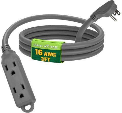 GREATIDE 3 Ft Flat Plug Extension Cord,16/3 SJT Indoor Low Profile 3 Outlets Extension Cable with 45° Angled Flat Plug, Multiple Outlets Short Extension Cord, Grey