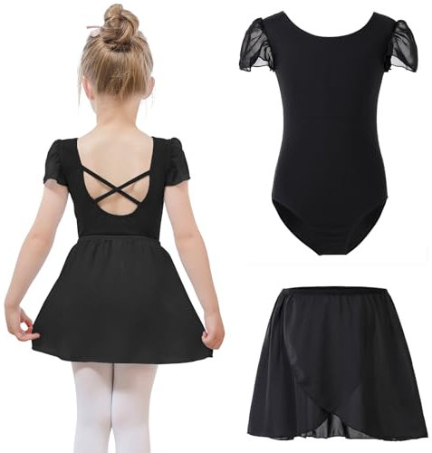 Bezioner Maillot Ballet Niña con Falda Removible Maillots de Danza Vestido Baile Niña Manga de Soplo Negro 130 (8-10 años,130-140 cm)