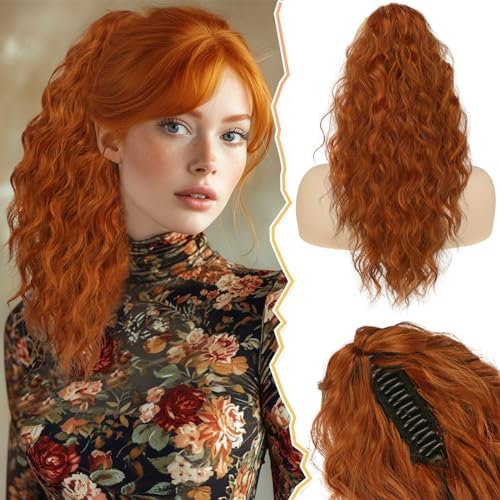 BARSDAR Pferdeschwanz Haarteil Kupfer, 45cm Klauen Clip Pferdeschwanz Haarverlängerungen Lange Wellige Natürliche Synthetische Clip in Haarteile Ponytail Extension für Frauen - Ingwer Kupfer