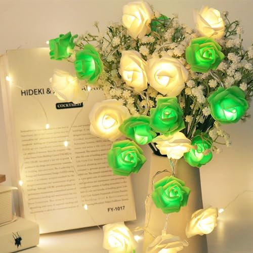 RECUTMS Guirlande lumineuse en forme de rose - 20 LED - Alimentée par piles - Pour Saint-Valentin, mariage, fête des mères, fille - Décoration d'intérieur (vert + blanc)