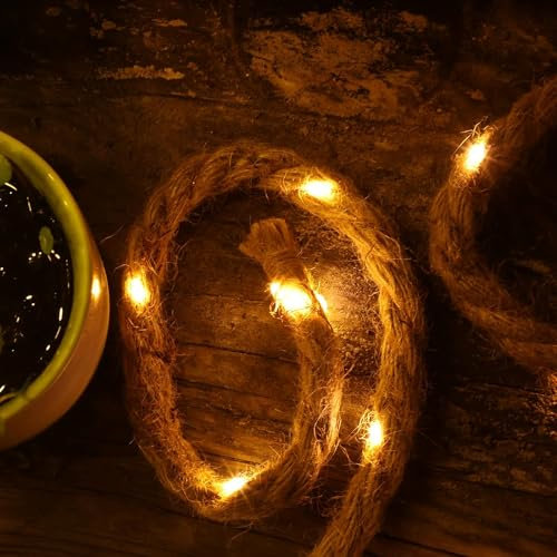 Gresonic Hemp Rope Fairy Lights Battery Operated, 25LED 2m String Light Warm White Timer Waterproof Garden Outdoor Indoor Decor for Gazebo, Pergola, Christmas, Camping (Battery Operated, 25LED)