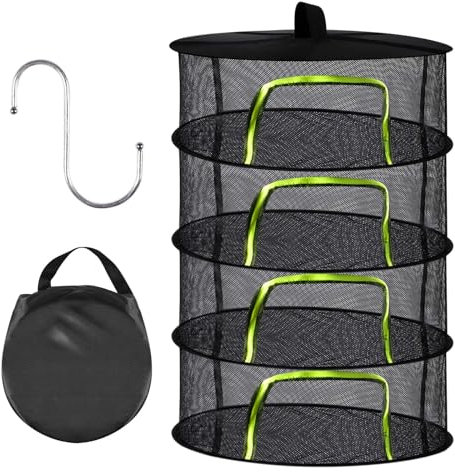 Red de secado para hierbas aromáticas, secadora de hierbas, 4 capas, plegable, con gancho y cremallera, 60 cm de diámetro, para plantas, ropa, 60 x 80 cm, color negro