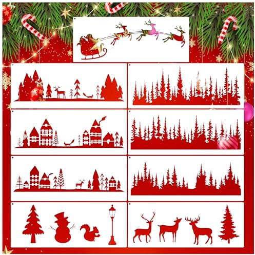 9 Stück Weihnachts-Fenster-Schablonen, Weihnachts-Szene, Tannenbaum-Schablonen zum Malen auf Holz, Glas, Fenster, Basteln, Stoff, Leinwand (9 Szenen)