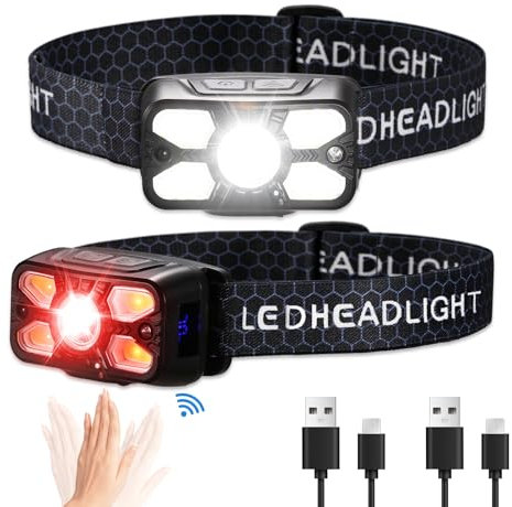 Chemailon Rechargeable Headlamp,2 Pack Super Bright 5 Led Head Lamp with Red Light, 14 Modes Waterproof Motion Sensor Head Lights for Forehead, Adjustable Headband Head Flashlight for Adults&Kids