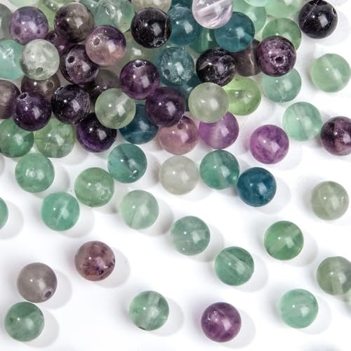 RUBY 45 Stück Naturstein Perlen Fluorit Edelstein Perlen 8mm Runde Natürliche Lose Perlen mit Loch Edelsteine zum Auffädeln für DIY Armband Halskette Schmuckherstellung