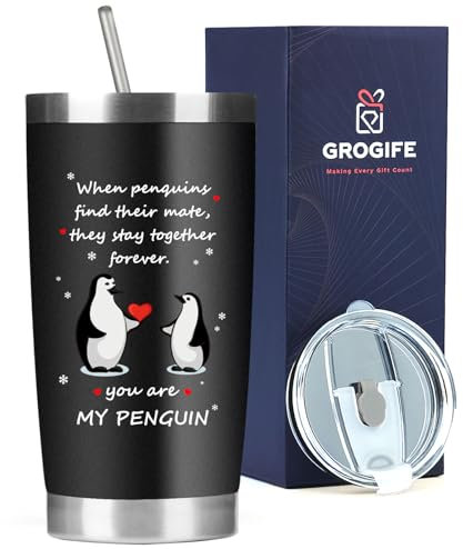 Grogife Valentinstag Pinguin Geschenk für Ihn, Ich Liebe Dich Geschenke für Männer, Partner Hochzeitstag Geschenke für Ehemann Mann Paare, Kaffee Thermobecher 600ml