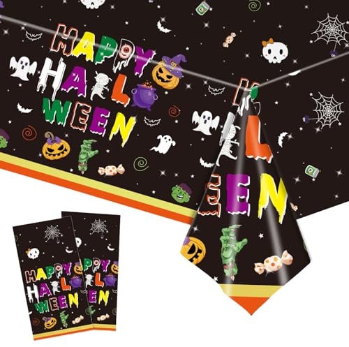 2 Pack Halloween Tablecloth,137x274cm Bat Ghost Rectangle Table Toppers Tableware, Waterproof, Large Plastic Table Cover for Kids Indoor Outdoor Autumn Halloween Themed Party Table Decorations