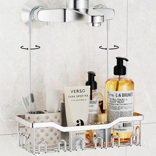 YUNISS Mensola Doccia Senza Foratura, Mensola Doccia da Appendere, Portaoggetti Doccia in Acciaio Inox, Porta Shampoo Doccia per Rubinetti e Porte in Vetro del Bagno (Argento)