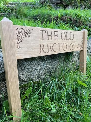 Personalised Engraved Oak House Signs with 2 Posts (Cornice Swirl, Large + Long Posts)