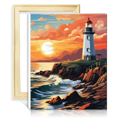 TANGFEIY Malset für Leinwandbilder, Leuchtturm, Sonnenuntergang, Malen-nach-Zahlen-Set für Kinder und Erwachsene mit Pinseln und Acrylpigmenten auf einem DIY-Rahmen für Kunst-Ölgemälde (30 x 40 cm)