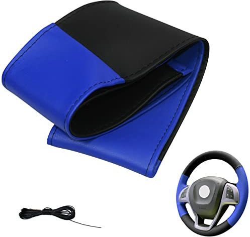 Xkeribom Auto Lenkradbezug ZUN Nähen aus weichem Leder mit 4 Teilifes Design Leder Lenkradhülle Lenkradschutz (Lenkraddurchmesser 37-38 cm) (Schwarz Blau)