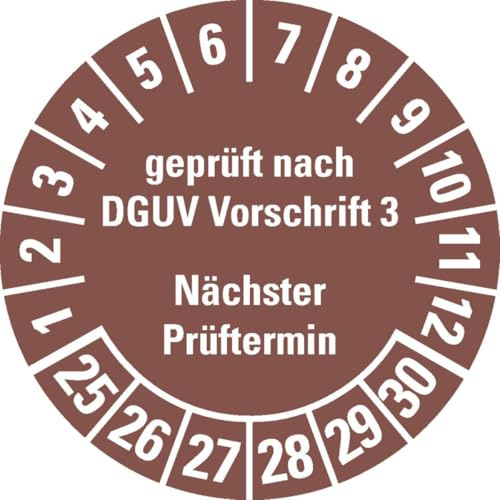 KSIGN, Mehrjahresprüfplakette geprüft nach DGUV Vorschrift 3, Ø25 mm, braun, selbstklebende Dokumentenfolie, Rolle: 500 Stück