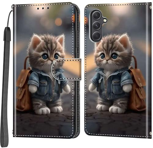 Handyhülle für Samsung Galaxy A54 5G Hülle, Magnetische Flip Stoßfeste Schutzhülle mit Standfunktion Kartenfächern Klapphülle Handytasche Katze