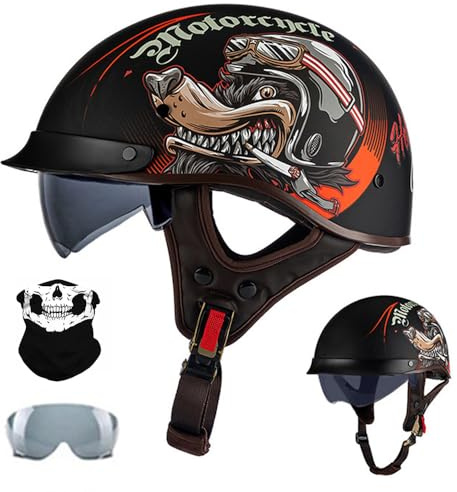 Motorradhelm Retro Halbhelm, Halbschale Jethelm, ECE-Zulassung, Mit Brille Und Gesichtsabdeckung, Für Bike Cruiser Chopper Moped Scooter, für Damen und Herren Erwachsene, M~XXL
