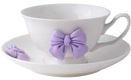 Disoza Lila Kaffeetassen Set mit Untertasse Schleife Kaffeebecher 200 ML Keramik Tasse mit Schleife und Henkel Cute Mug Porzellan Kaffee Tee Tasse