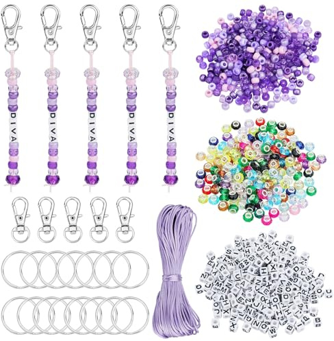 BEEFLYING Perlen SchlüSselanhäNger Bastelset, 750 Stk Lila | DIY SchlüSselanhäNger Selber Machen TaschenanhäNger Set Keychain Making Kit mit Bunten Legierungsringen und Buchstabenperlen