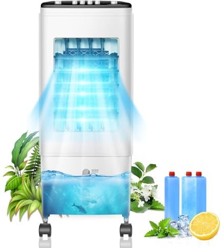 Portable Air Conditioner, 【2025 Newest 3-in-1 Evaporative Air Cooler】 with 3 Speeds, 26ft Cooling Range, 60° Auto Swing, 6L Water Tank & 3 Ice Packs, 35dB Quiet, 60W, for Home, Office, Bedroom