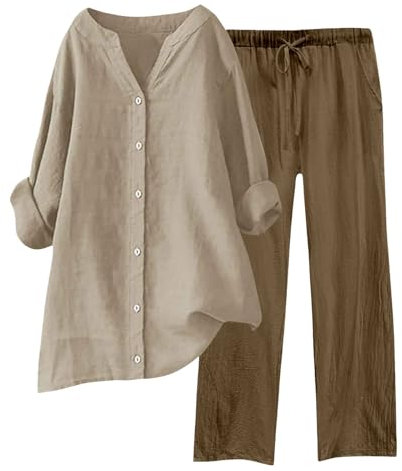 Completo Donna Estivo Lino Estivo Casual Cotone E Lino Tute Da Ginnastica Taglie Forti Elegante Larghi Camicia + Pantaloni Palestra Curvy Set Due Pezzi Comodo Primavera Maniche 3/4 Set Spiaggia